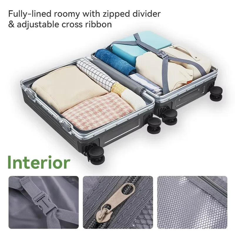 الألومنيوم الإطار حقيبة الجبهة افتتاح السفر المتداول الأمتعة سبيكة عربة PC مع قفل TSA حمل على المقصورة المعتمدة 20 بوصة