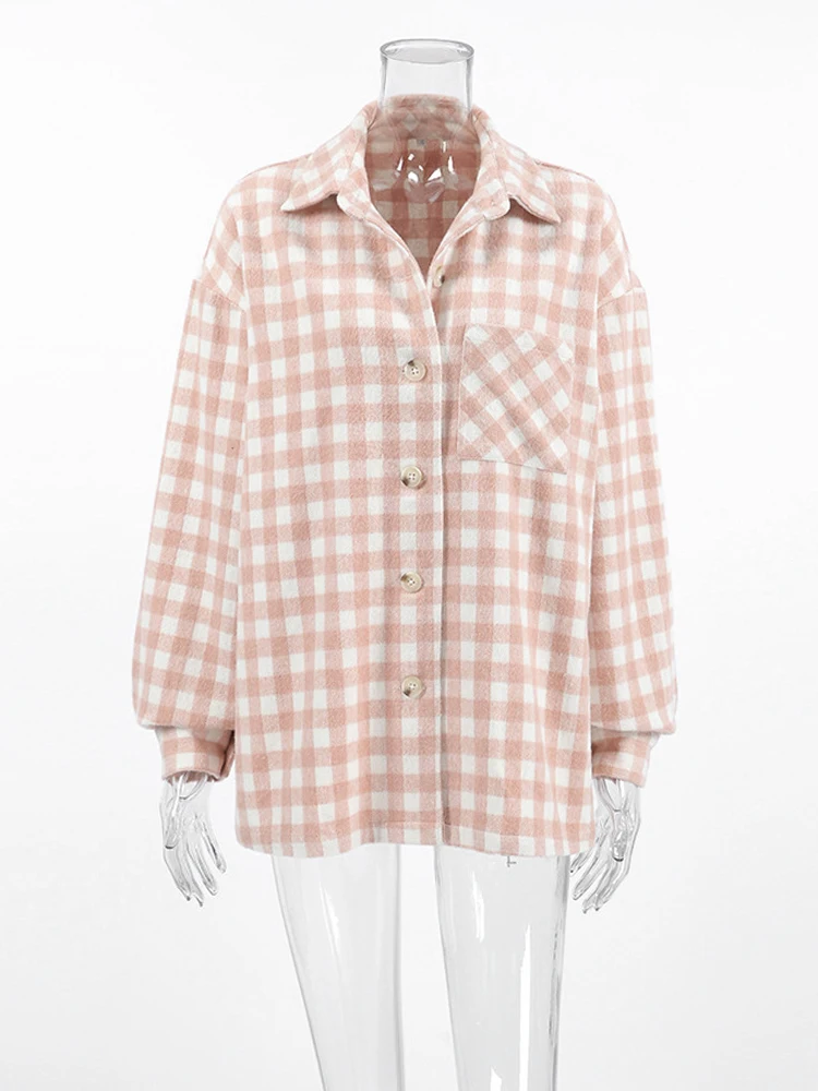 Mumaroho 2024 Winter Autumn Women Woolen Plaid Jacket Pink Long Sleeve Tops Outwear Coat For Women