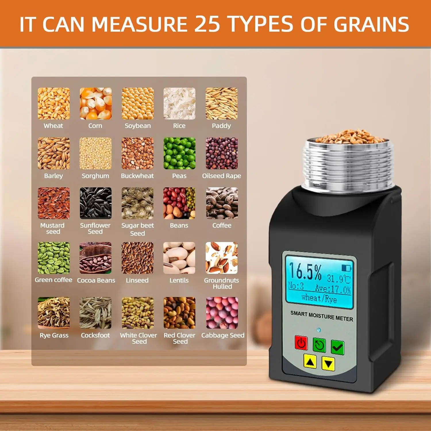 Grain Moisture Meter 25 Crops 250-Sample Support (Coffee/Wheat/Rice)Temp-Compensated Data Logging IP54 Waterproof