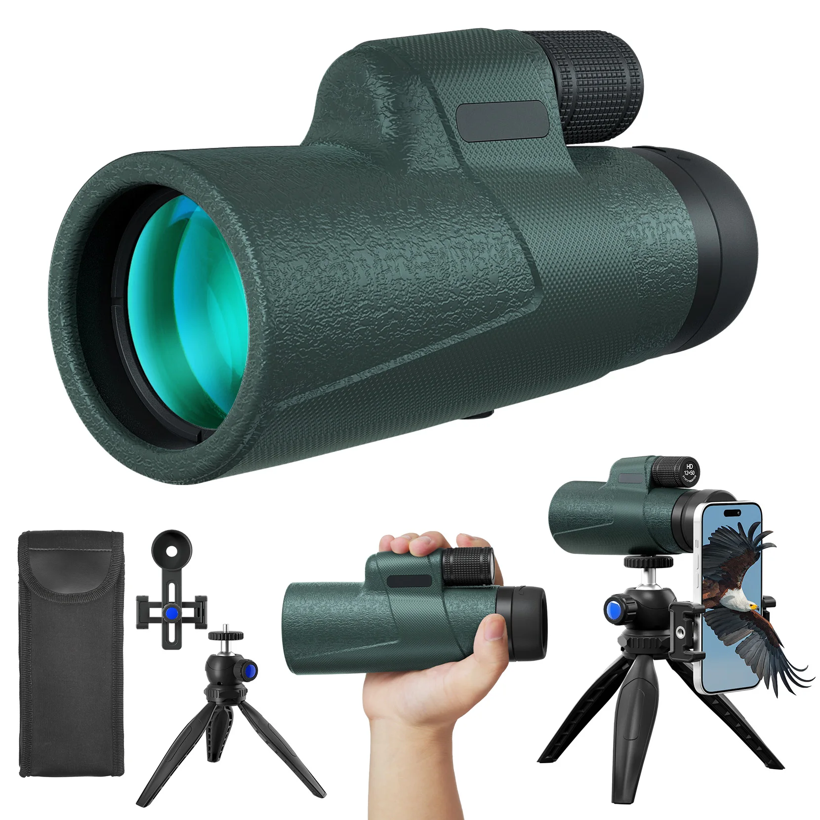 12x50 HD Monocular for Adults High Powered with BAK4 Prism & FMC Lens,Lightweight with Smartphone Adapter, High Powered