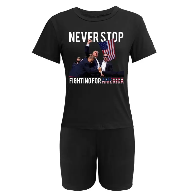 Two Piece Never Stop Fighting for America Shorts Tight Sportswear Top Short Sleeve Women's Sportswear 2024 Summer Collection