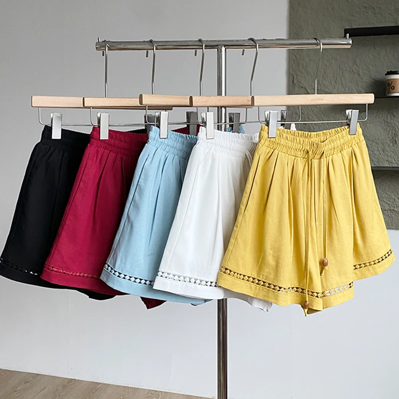 

Summer Korean Simple Women Short Pants 2025 New Elastic Waist Drawstring Design Wide Leg Shorts Female Casual Short Pant