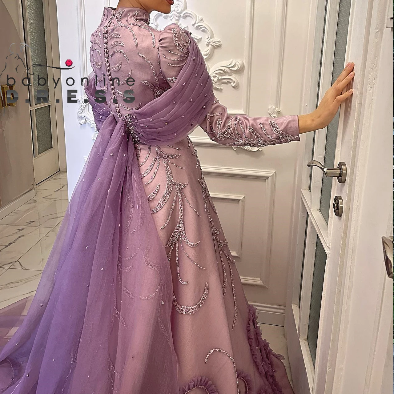 BABYONLINE Customized Purple Wedding Dress Square With Pagoda Fluffy Sleeves Glitter Cathedral Tail Long Gown Bride  Formal Ball