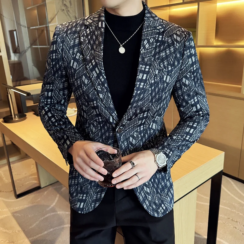 Camouflage Grid Suit Jacket For Men 2024 New Business Casual Slim Blazer Korean Luxury High Quality Wedding Business Suit Coats