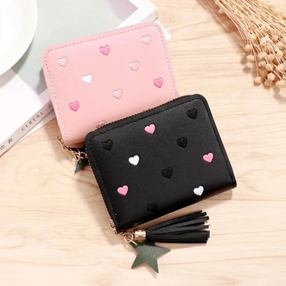 PU Leather Small Wallet Mini Card Bag Coin Purse Tassel Zipper Outdoor Portable Hand Wallet Girls Lovely Cute