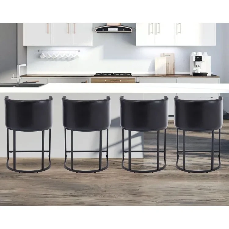 Modern Barrel Counter Height Clearance Bar Stools Set of 4, 24 Inch Kitchen Black Bar Stools with Back, PU Leather Barstools