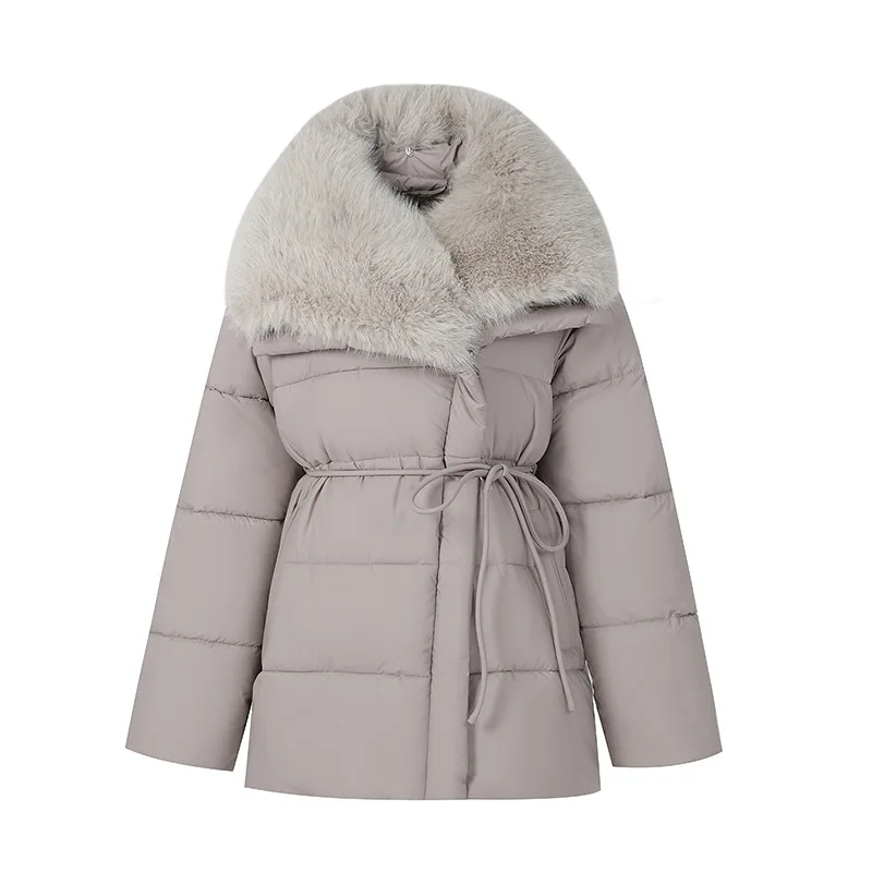 2026 Winter New Korean Version Large Sweater Neck Cotton-padded Coat Women's Medium and Long Waist Lace-up Gray