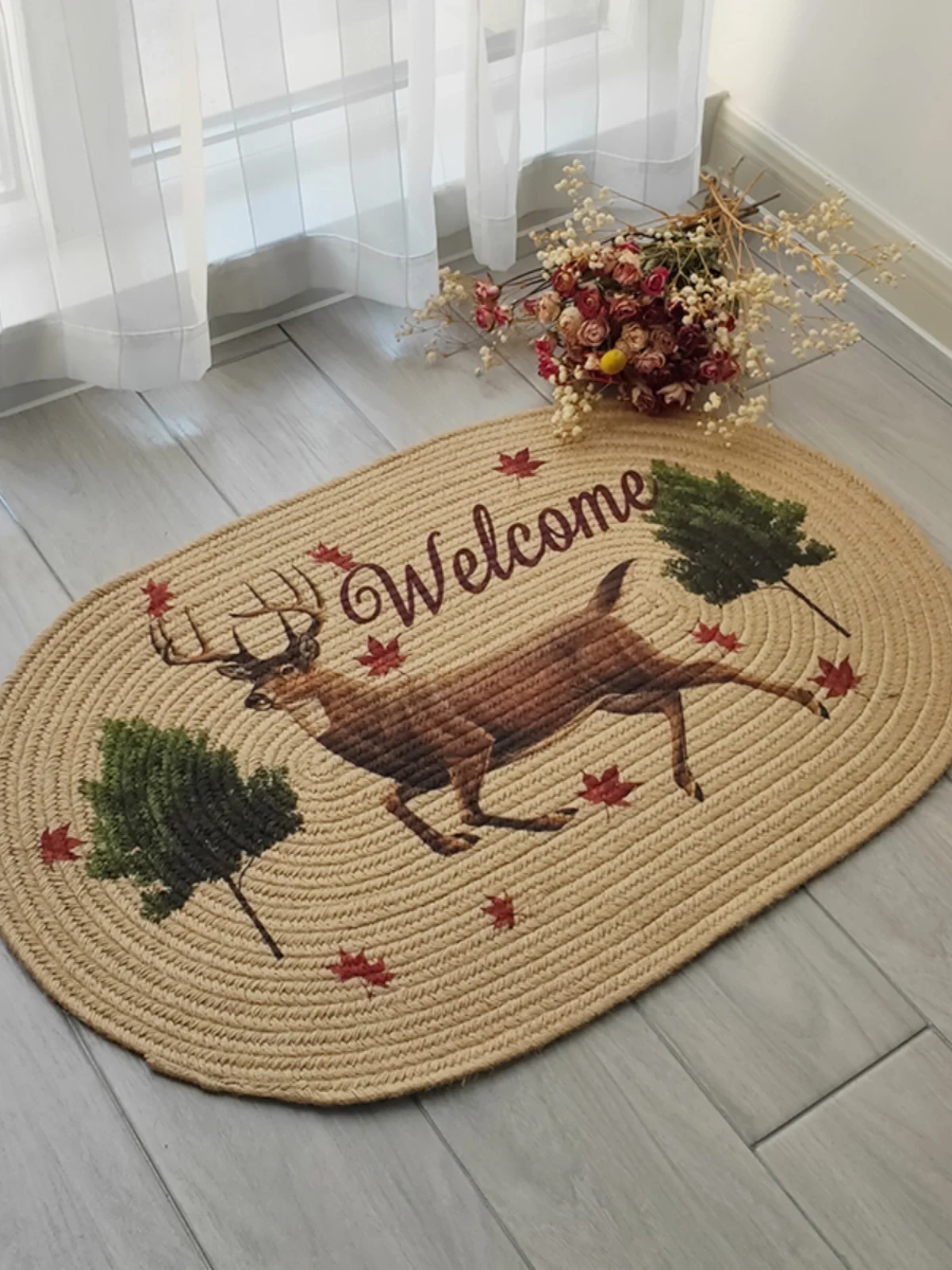 

Ретро-американский коврик для ванной из натурального льна с изображением оленя, высококачественный придверный коврик для дома, коврик для спальни, машинной вязки