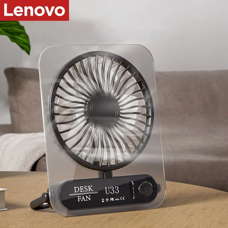 Lenovo Portable Desktop Fan USB Rechargeable Ultra Quiet Mini Desk Fan Digital Display Thin Transparent Cooling Fan Office Home