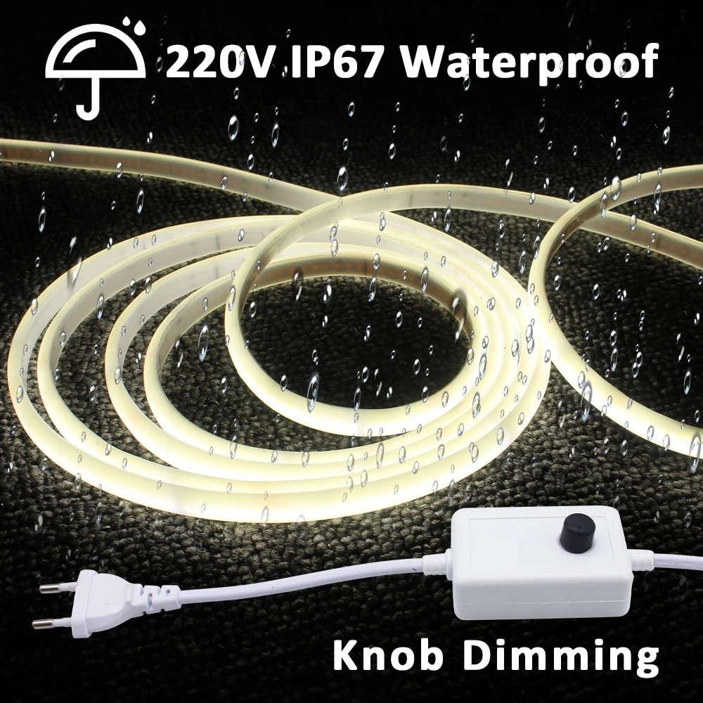 AC 220V COB LED Strip Lights Knob Dimmer Switch ON OFF 2pin Wire EU Plug  IP67 Waterproof Tape Lamp Flexible Ribbon for Outdoor