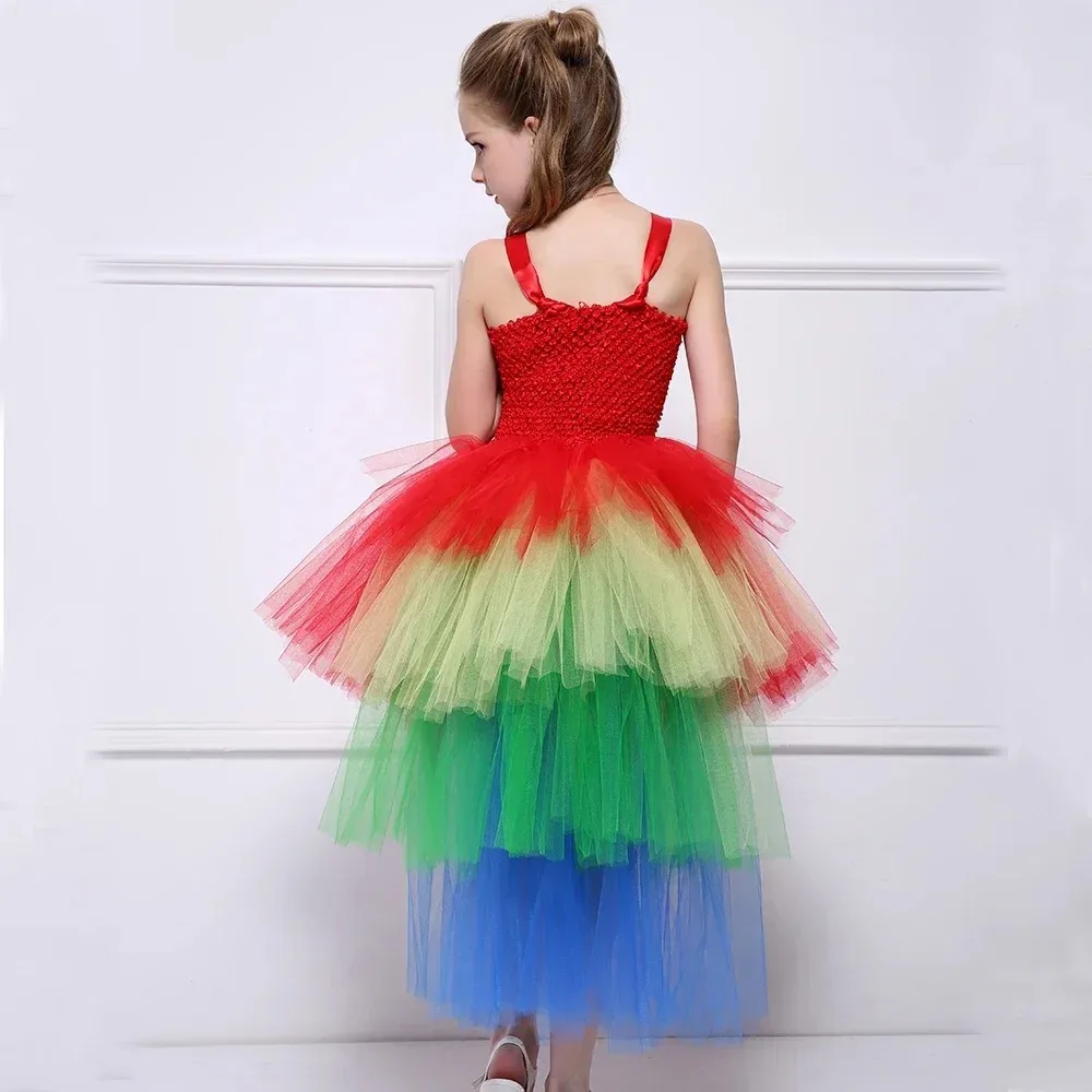 Theeper Rainbow Long Train Tulle Tutu Gown High Low Fluffy Mesh Princess Dress For Stage Festival Carnival Birthday Party Outfit