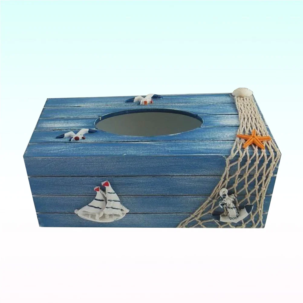 

1pc Decorative Tissue Box Wooden Craft Storage For Home Office Desktop Mediterranean Style Blue Sailboat Design Tissue