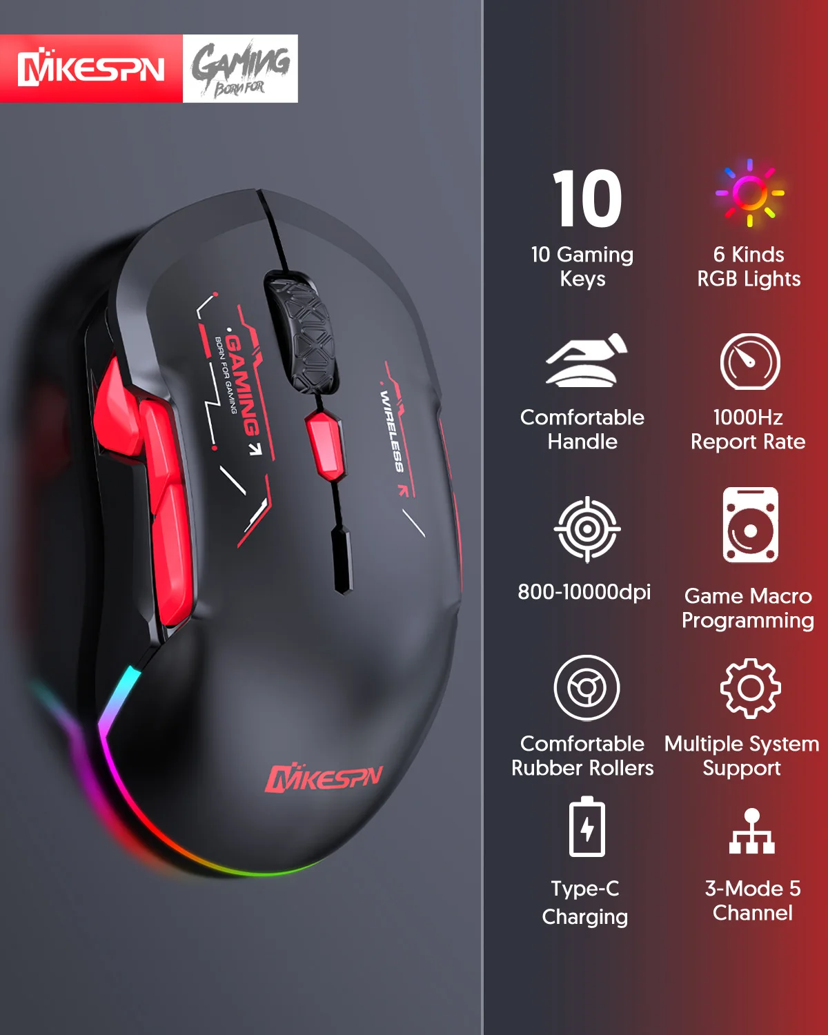 Mouse da gioco wireless Macro RGB da 10000 DPI 10 tasti programmabili Mouse per mano sinistra Gioco ricaricabile Mause per 2.4G/Bluetooth/Wired