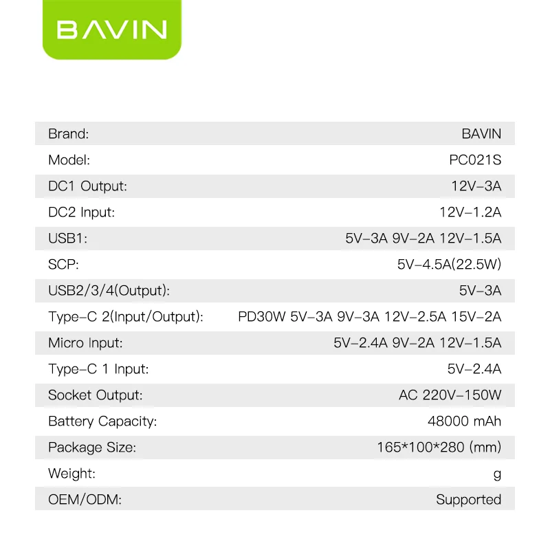 BAVIN PC021S Support 22.5W Fast Charging 150W High Capacity Mini Portable Power Bank Supply Travel Without Power Interruption