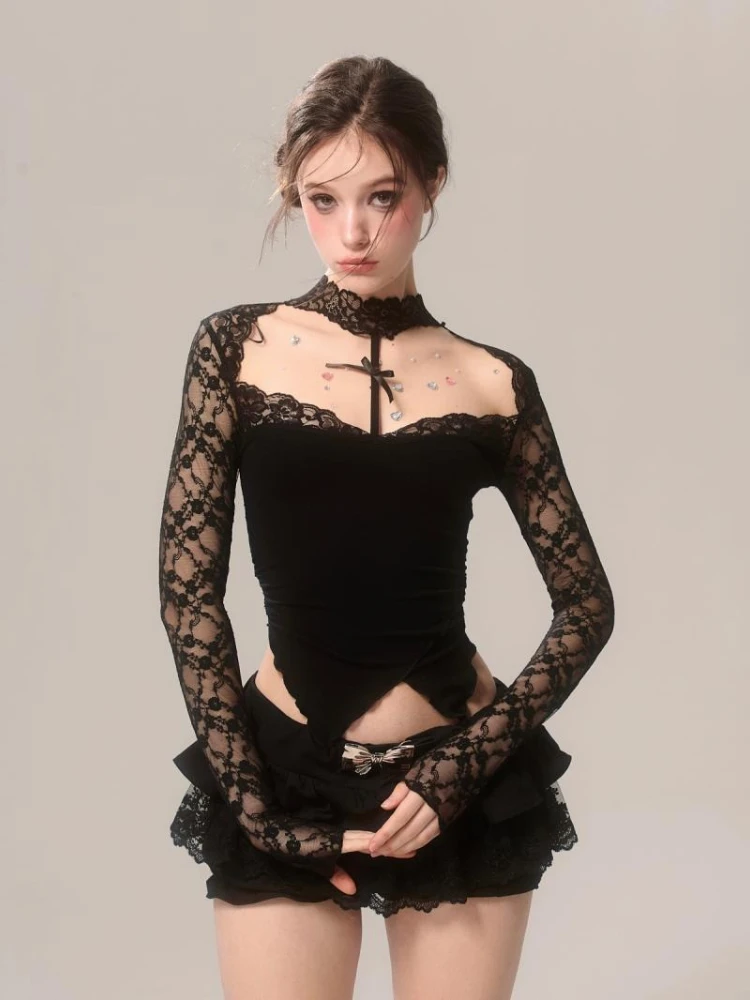 

Сексуальные кружевные черные футболки Mia Girl для женщин, укороченные топы с открытыми плечами и длинными рукавами, перспективные тонкие футболки с открытой спиной