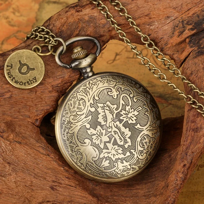 Bronze Hollow Twelve Constellation Unisex Quartz Pocket Watch Necklace Chain Arabic Numerals Display Birthday Gift reloj