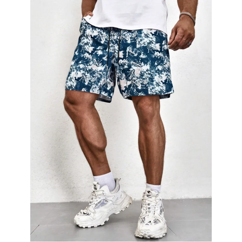 Men Blue Floral Print Straight Shorts Fashion Comfortable Loose Casual Cargo Shorts