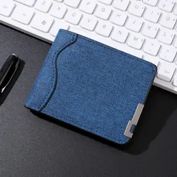 Men's And Women's Slim Fit Double Fold Canvas Wallet With Metal Decoration, Casual Denim Style Cash And Card Wallet