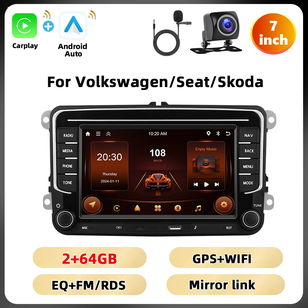 Podofo 6 + 128G 7 ''Autoradio Voor VW/PASSAT/CADDY/POLO/BEETLE Multimedia Speler Carplay Android Auto Type-C WIFI GPS Auto Audio
