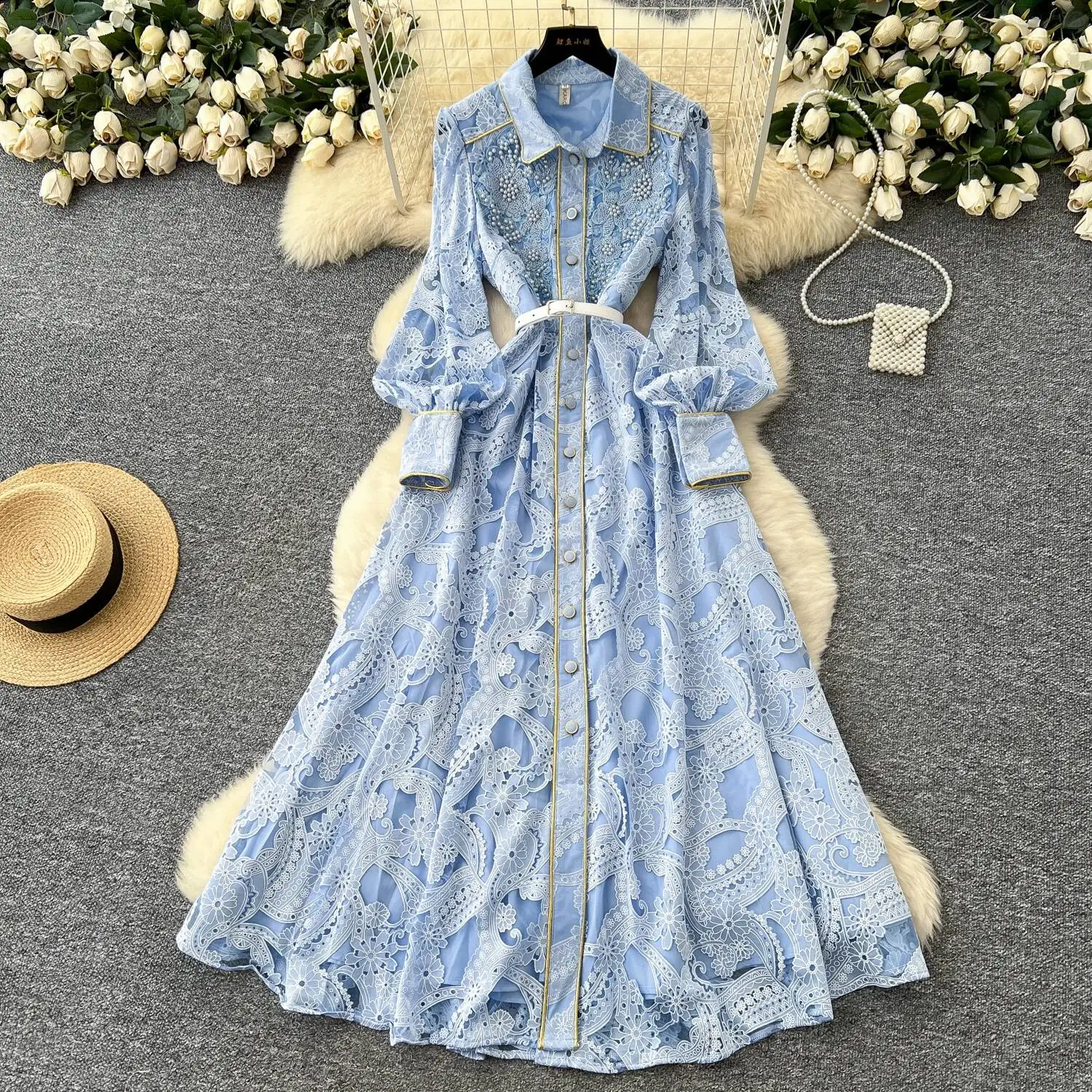 

French Print long sleeve Single Breasted Notched Dress Women Waist Cinching Resort Dresses