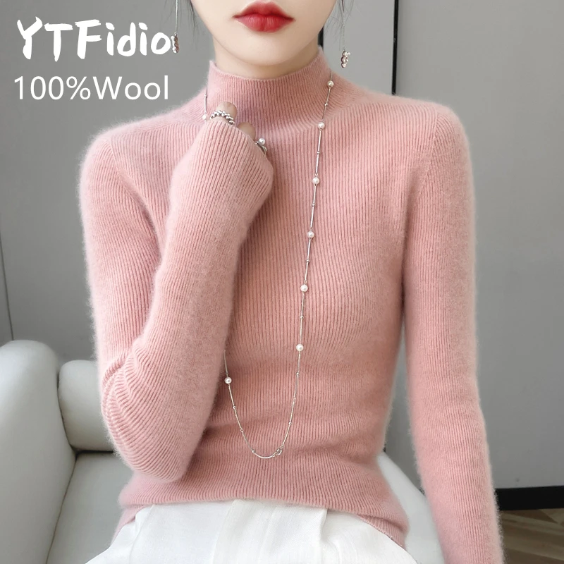 YTFidio 100% wełna Kobiety Pionowe paski Półwysoki kołnierz Mock Neck Swetry z długim rękawem Solidny sweter Dzianina Basic 98