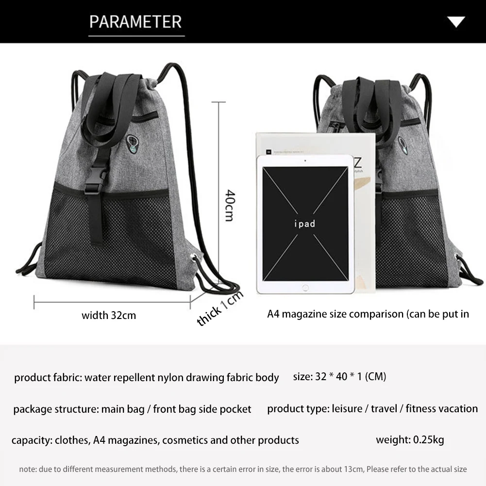 A27U Bolsa con cordón para gimnasio con bolsillos Bolsa deportiva con asa Mochila con cordón de viaje para hombres y mujeres-Gris