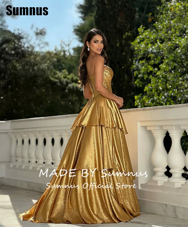 Sumnus charmante robe de bal trapèze dorée chérie à plusieurs niveaux sans manches robes de soirée longueur au sol robe de soirée personnalisée