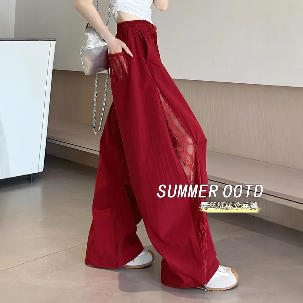 

Lace Splicing Hollow Wide-leg Pants Women's 2025 New High-waisted Design Loose and Thin Casual Pants Black