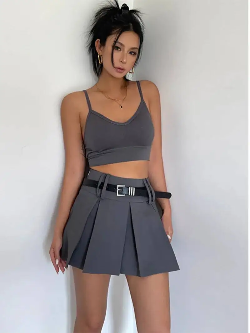 WOMENGAGA Belt Pleated Skirt Spring Summer New Women's High Waisted A-line Half Length Skirt School Girl Uniform V9TX