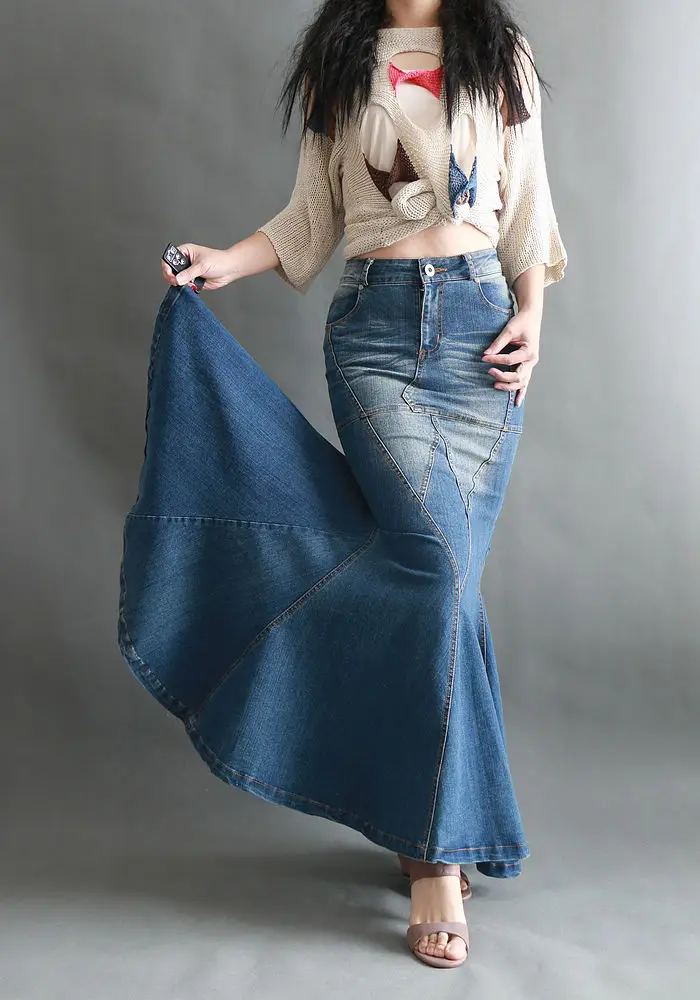 Fashion Mermaid Denim Maxi Skirt Bodycon Fishtail Wrap Hip Vintage Large Swing Long Skirt Sexy Elegant Tight Fitting Skirt