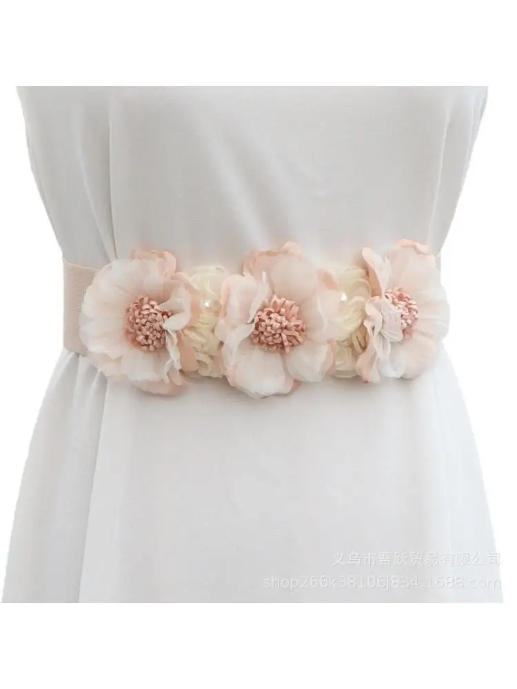 2023 Korean Style Small Flower Wide Waist Belt Summer Sweet Cover All Match Skirt Pink Women Fashion Handmade Accessories