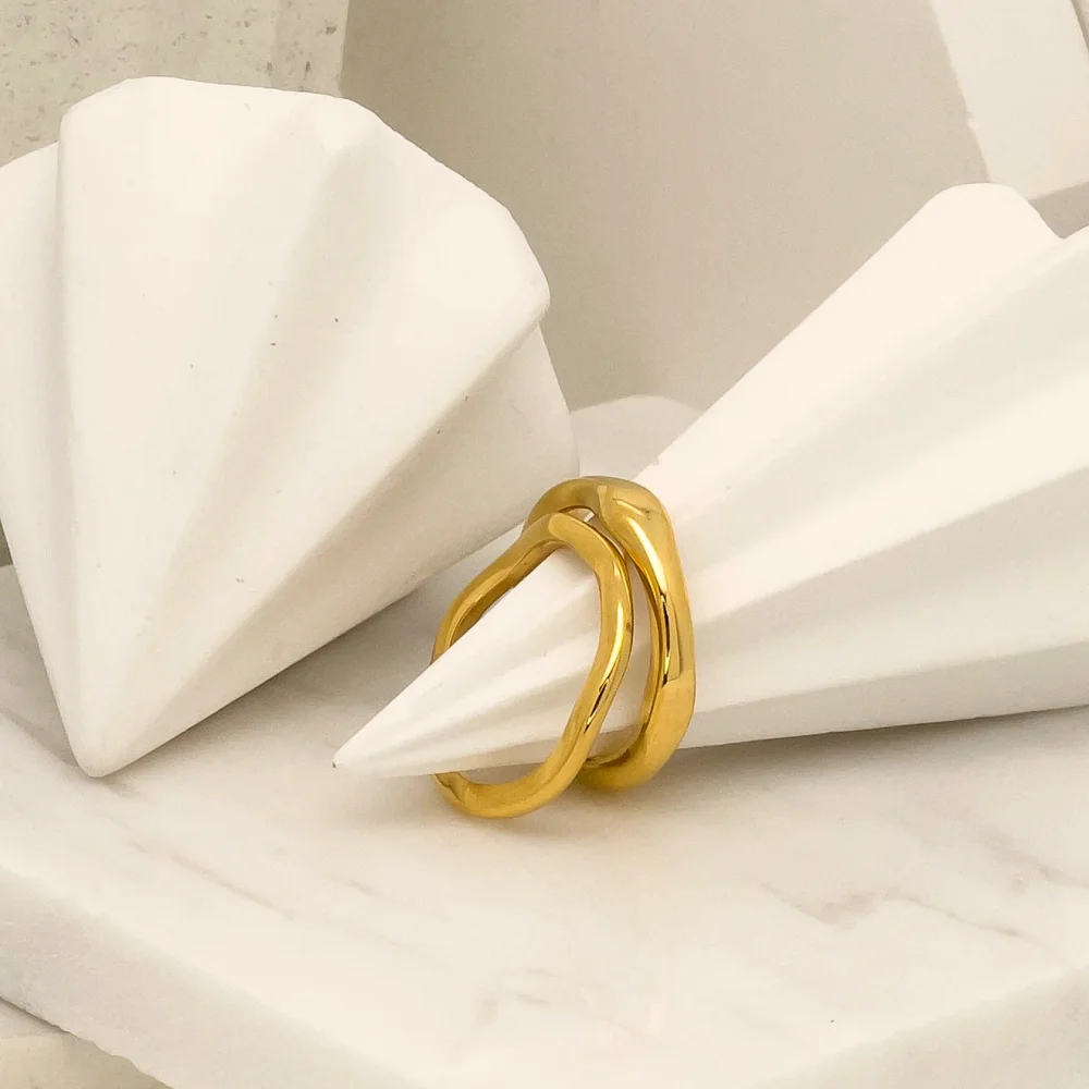 Women's Gold Color Chunky Ripple Band Stackable Ring Set