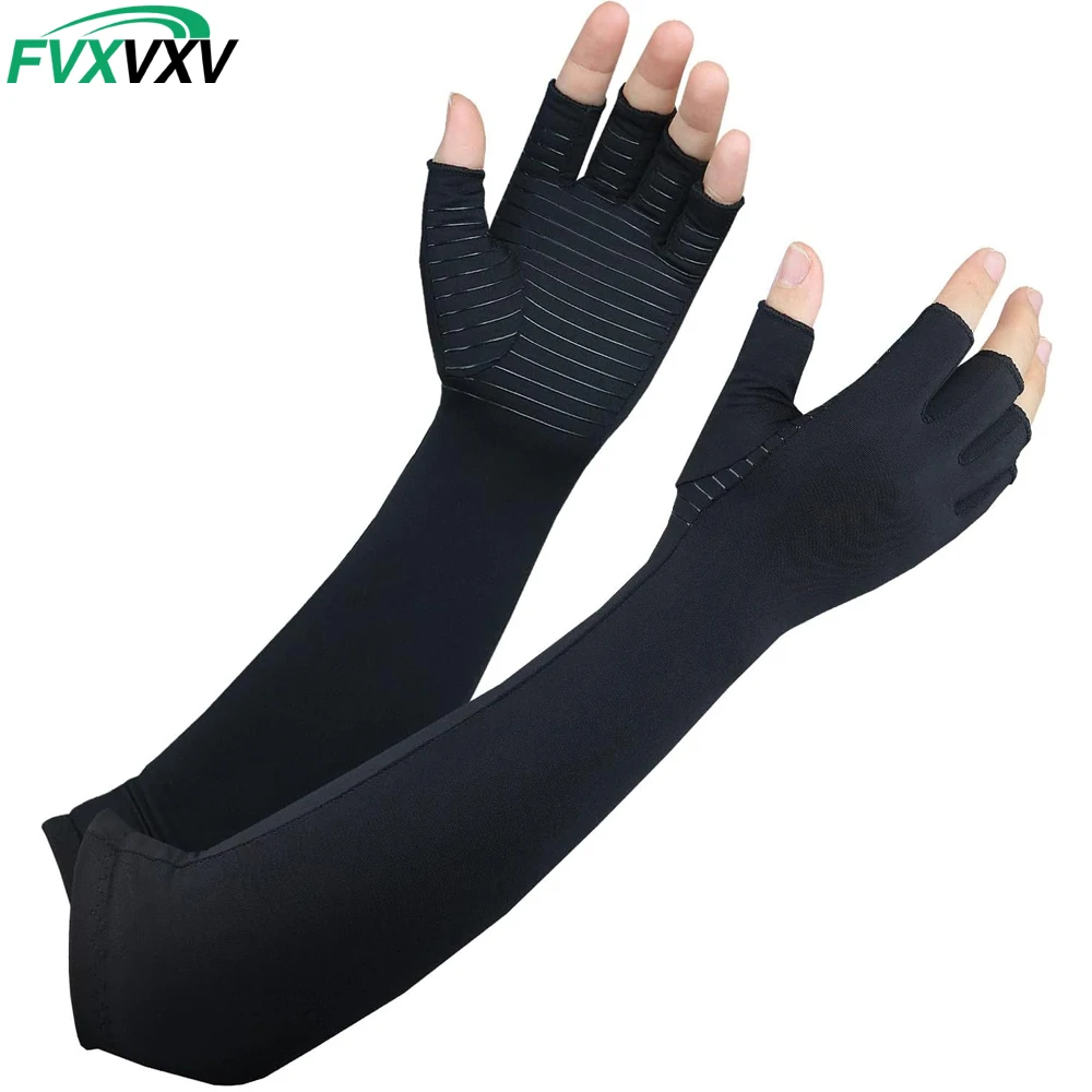Kupfer-Kompressionshandschuhe für Arthritis, extra lang, fingerlos, Handstütze für Karpaltunnelsyndrom, Handgelenk- und Armstütze zum Tippen, für Damen und Herren – Detail 1