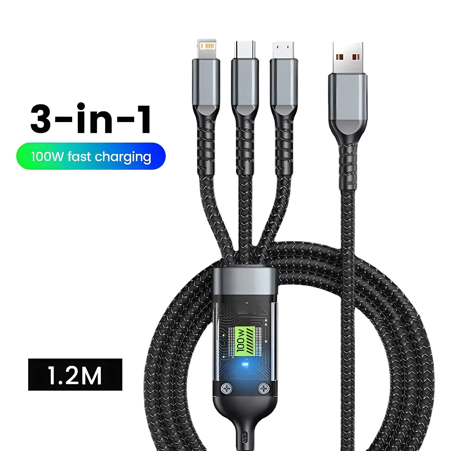 100W Super Fast Charging USB C Type 3 In 1 Data Cable With Light For IPhone Samsung Xiaomi Huawei Fast Charging Cords