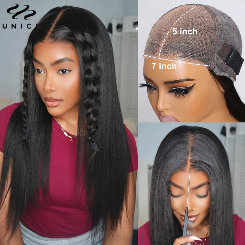 

UNICE Hair Yaki Straight 7x5 Lace Closure Glueless Wigs Human Hair Ready To Wear Pre Cut Pre Bleached Pre Plucked Lace Wig