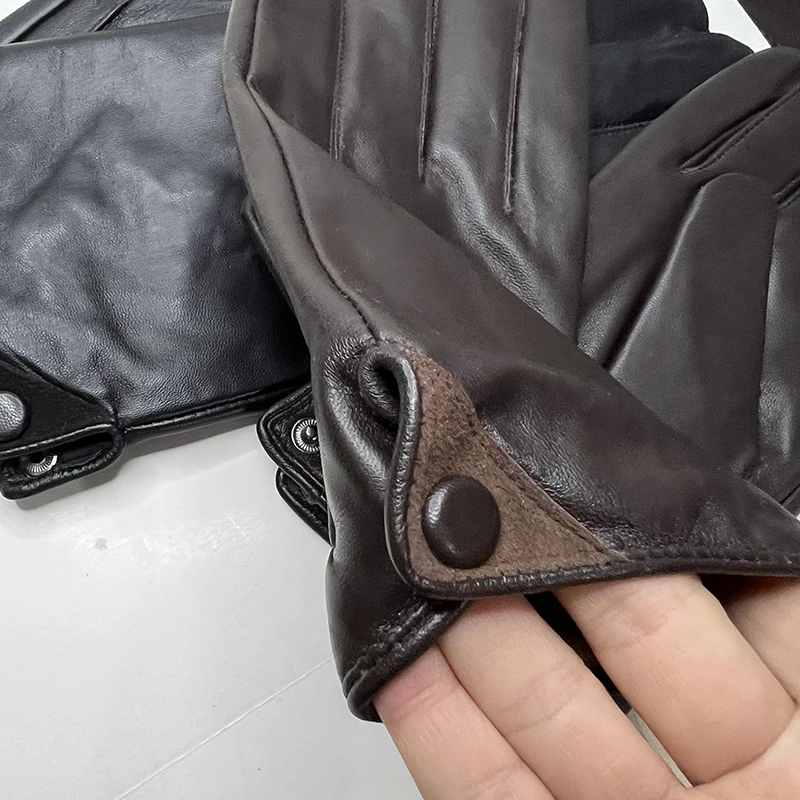 Men's Lambskin Gloves Touch-screen Manicure Thin Section Plus Velvet Warm Autumn And Winter Driving And Riding Leather Glove