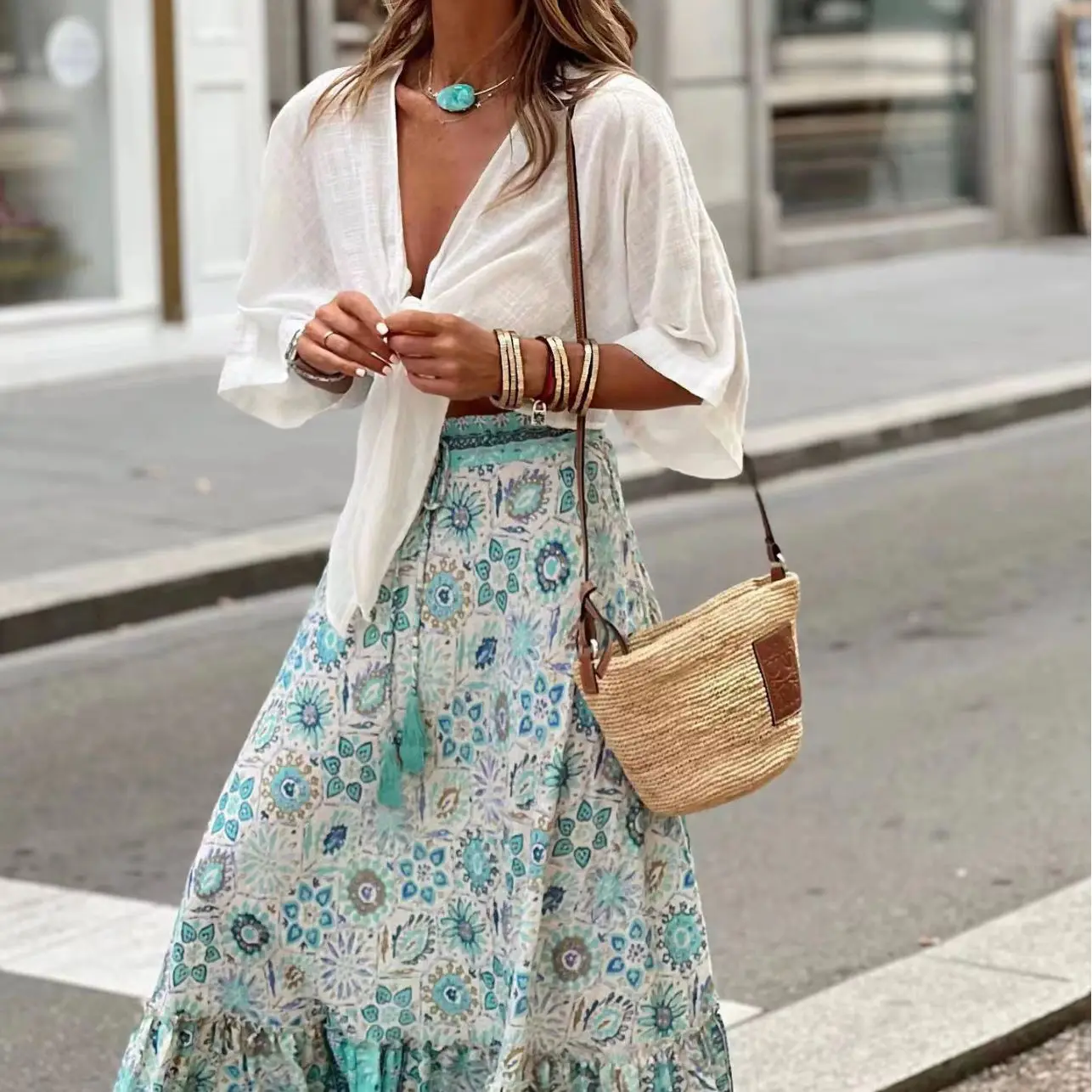 Loose Stretch High Waist Bohemia Summer Skirts for Women Clothes Beach Holiday Skirt Women A-line Skirt Casual Print Long Skirt