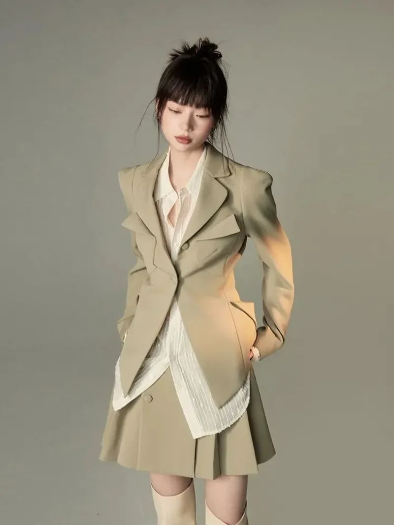 

Miiiix 2024 Autumn New Style Casual Olive Green Waist Cinched Suit Jacket Pleated Skirt Three Piece Set Female Clothing