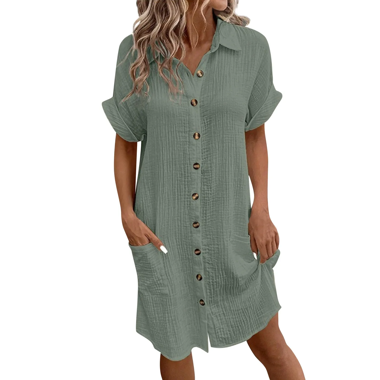 New Women\'S Fashion Casual Solid Color Buttoned Mid-Length Short Sleeve Loose Dress летние Nuevo En Vestidos Verano Moda