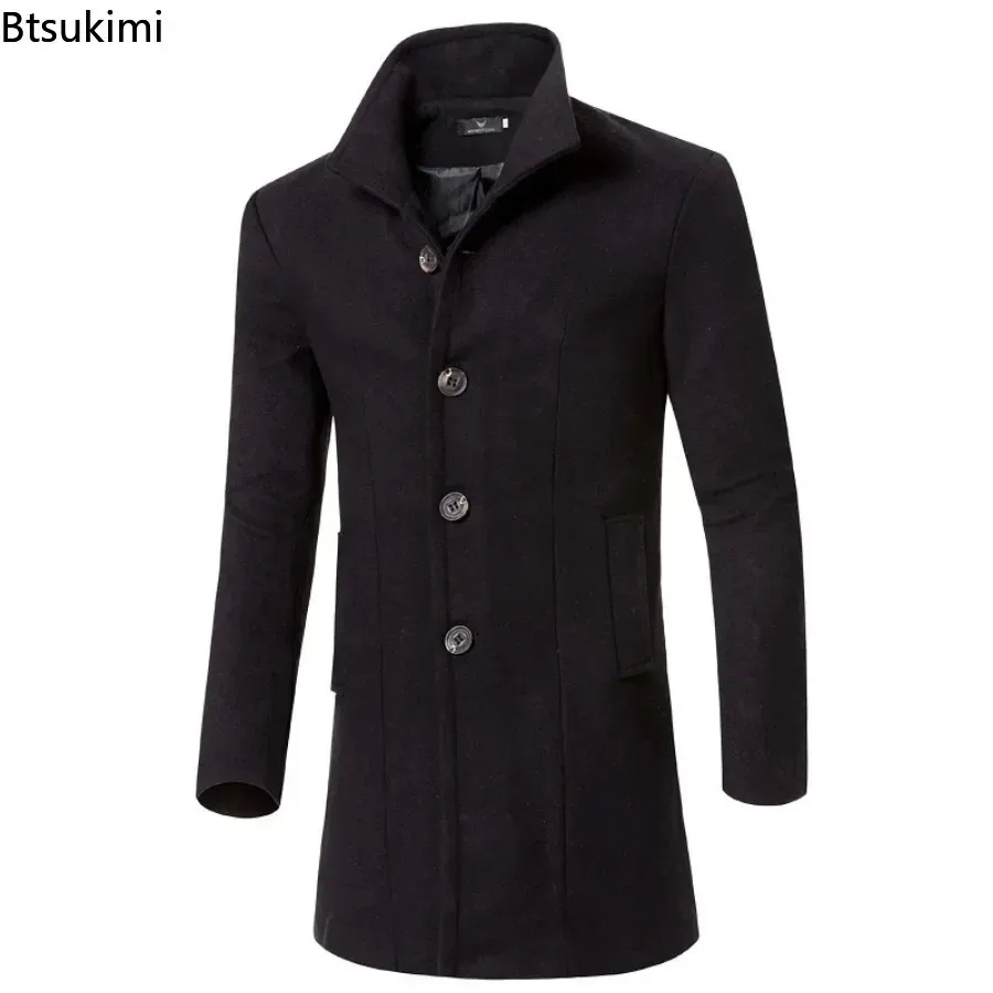 New Men's Warm Woolen Trench Jacket Solid Slim Woollen Jacket Coats Male Fashion Windproof Stand Collar Long Outwear for Men