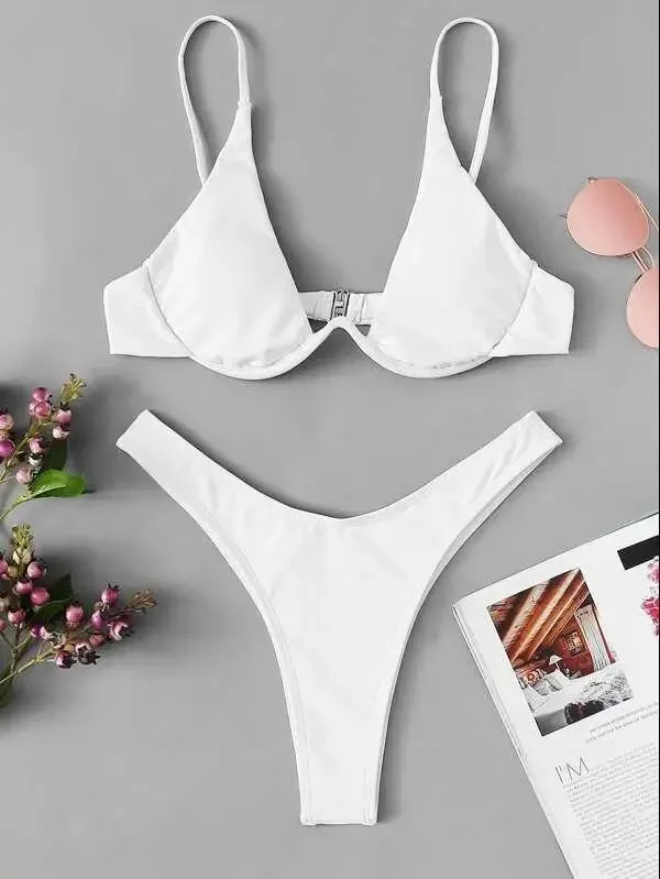 Sexy Underwire Bikini 2024 Women Solid Red Push Up Bra Thong Swimsuit V Neck Bathing Suit Mini Micro Thong Swimwear