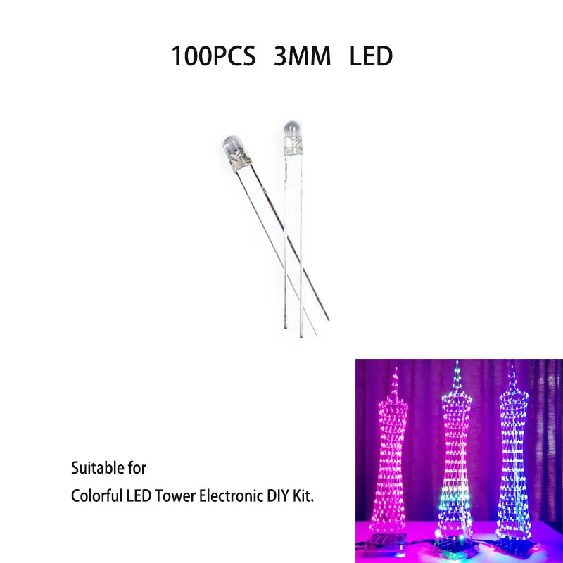 

（100PCS）3MM Colorful Flash LED Red Green Blue Pink LED Light Long Feet Suitable for Colorful LED Tower Electronic DIY Kit