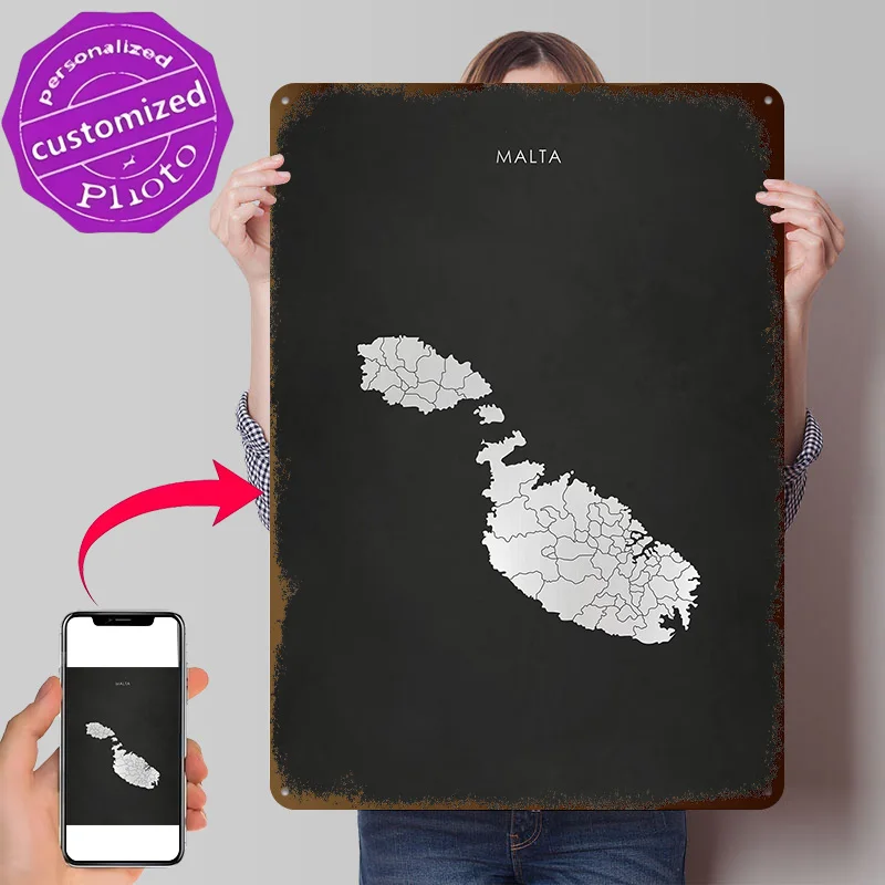 Silver Malta Map Personalized 3D Textured Metal Poster Wall Art Vintage Tin Signs for Mancave Decoration Room Luxury Home Decor