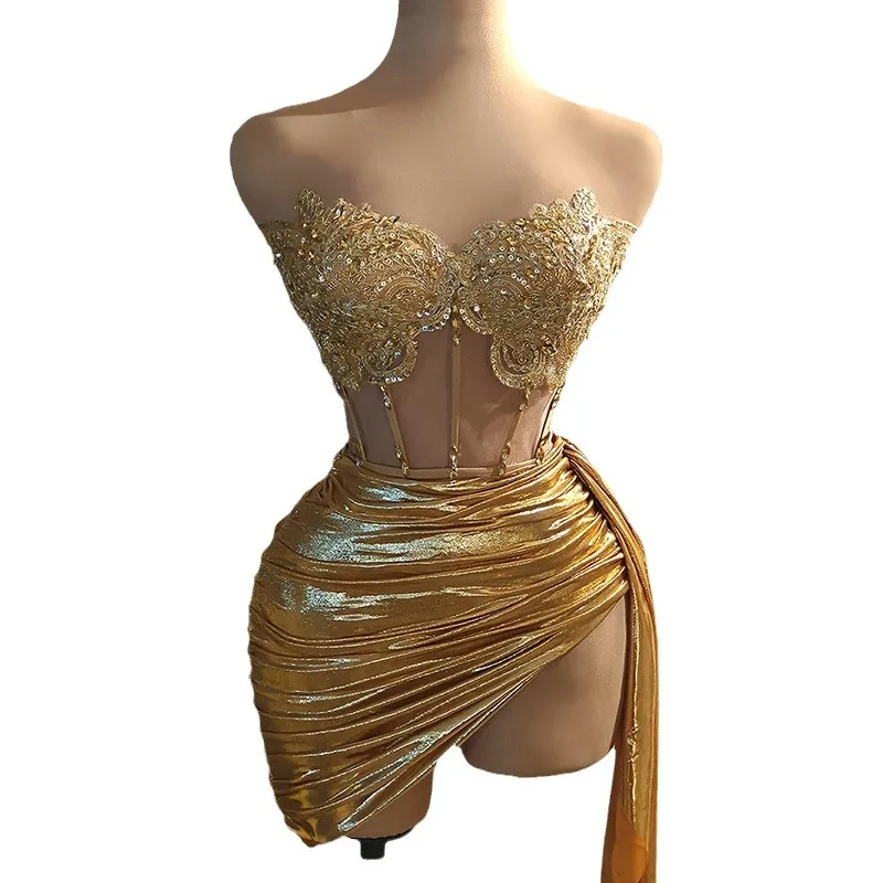 Gold Color Women Sexy 2 Pieces Strapless Bodycon Mini Dress Bar Singer Nightclub Party Celebrate Birthday Dress Wholesale