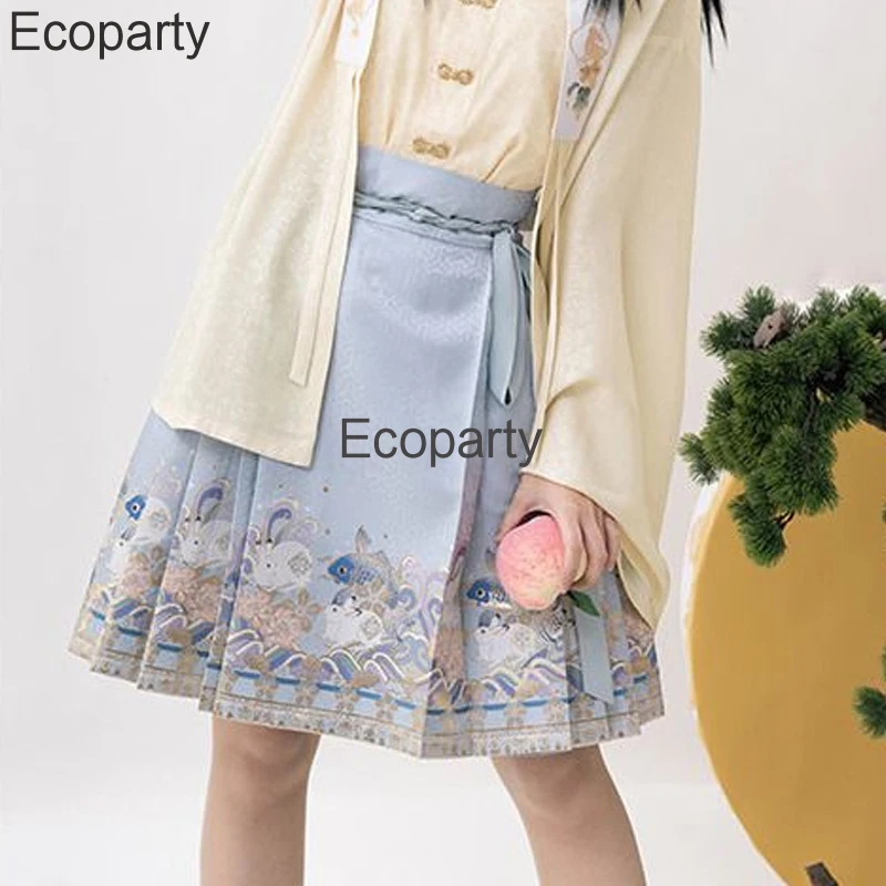 New Chinese Hanfu Costume Women Deluxe Printed Improved High Waist A-Line Jk Skirt Girls Lovely Chinese Style Pleated Mini Skirt