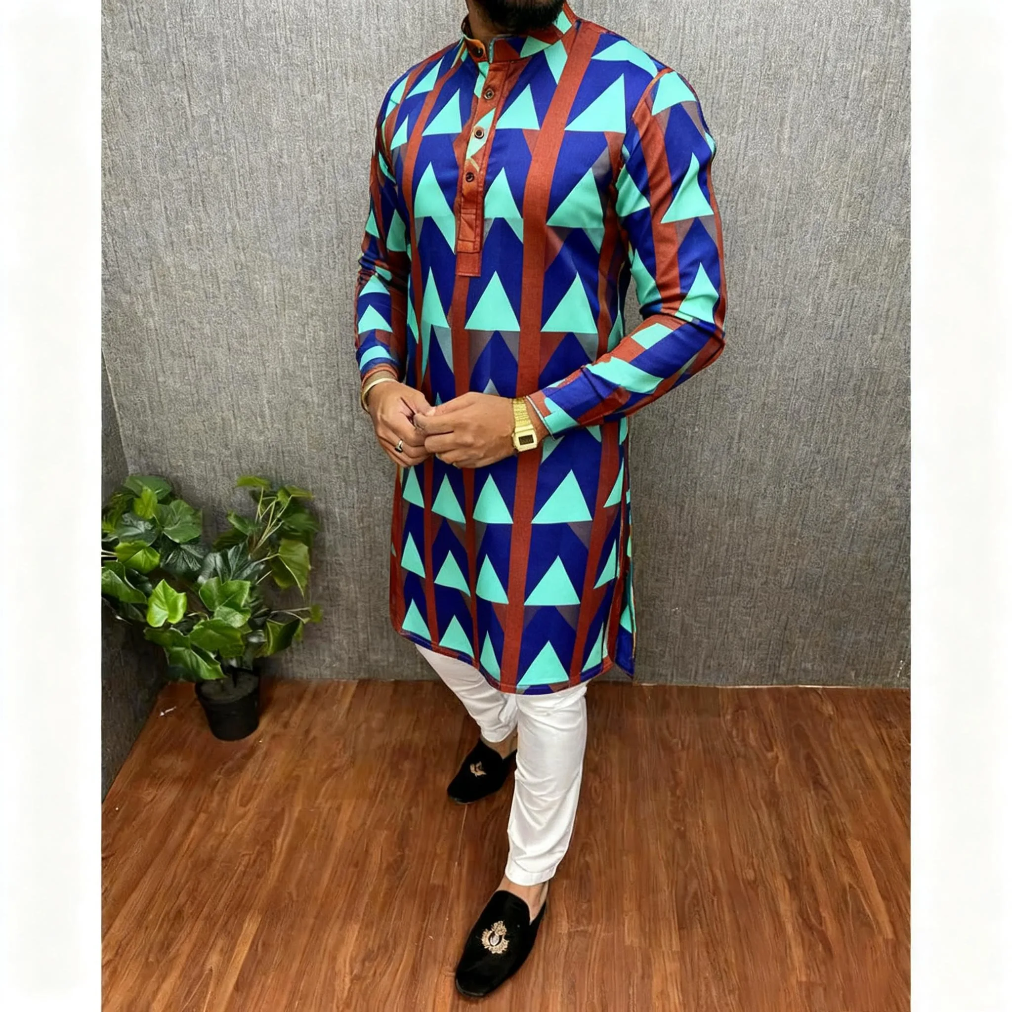 قمصان رجالية إسلامية بسيطة كاجوال قميص طباعة عرقية قميص طويل الأكمام بياقة واقفة دبي قفطان مغربي