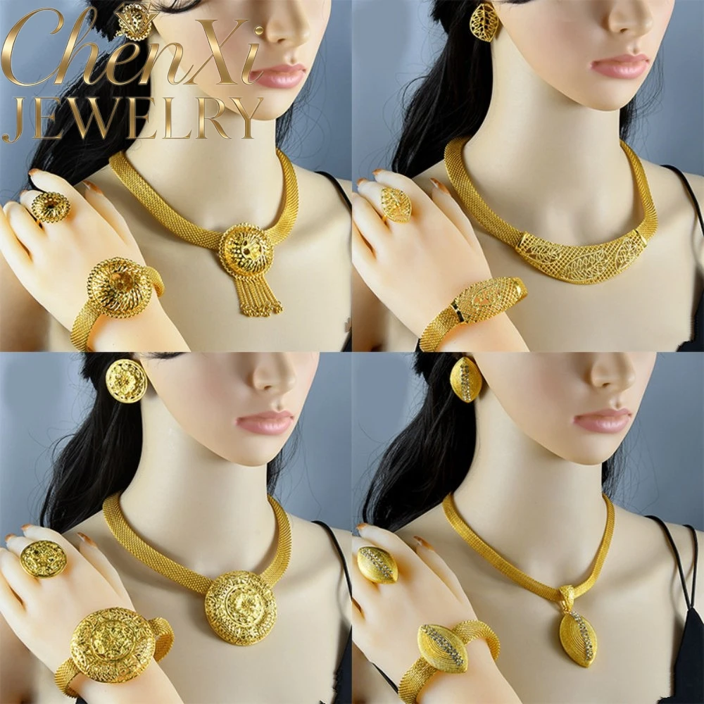 

High-End Luxury Elegant Alluvial Gold Fashion Popular Jewelry Set Women Wedding Party Banquet Necklace Earrings Ring 4pcs Gift
