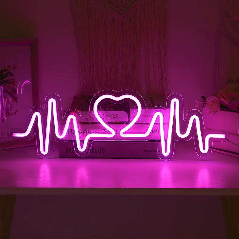 Ins Tiktok LED Neon Night Light Lover Bedroom Heartbeat Modeling Light Wall E-Sports Room Decorative Light Atmosphere Color Lamp