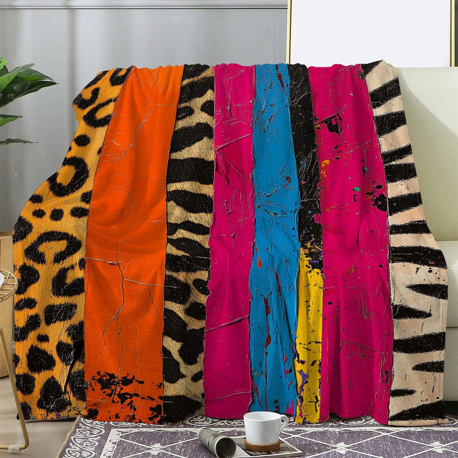 Bohemian Safari Striped Throw Blanket Jungle Animal Print Tapestry Boho Decor Wall Fleece Cover for Couch Bedroom Living Room