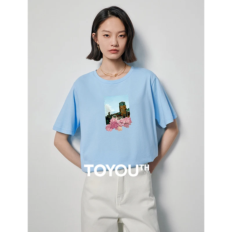 

TOYOUTH Women T-shirt 2024 Summer New Landscape Printed Round Neck Short Sleeve Casual Simple Tops